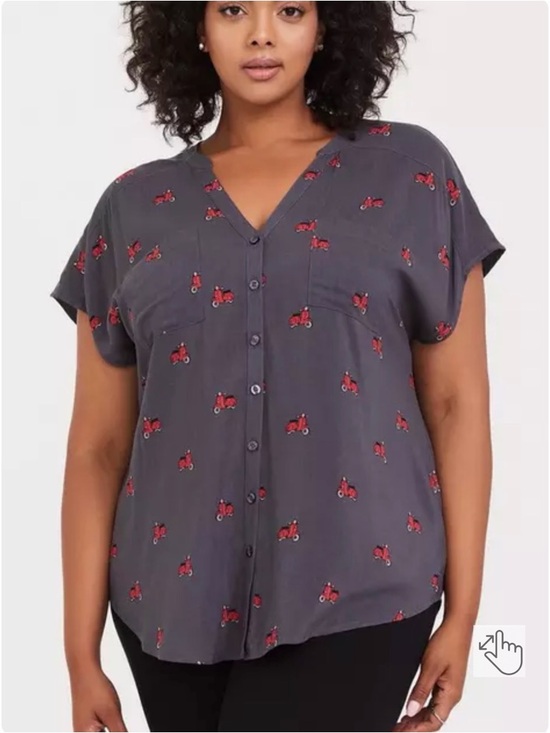 torrid Tops - torrid Charcoal Button-Front V-Neck Top with Red Scooter Motif